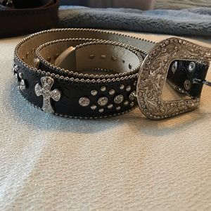 Black Studded Leather Belt with Rhinestones Sz M/L